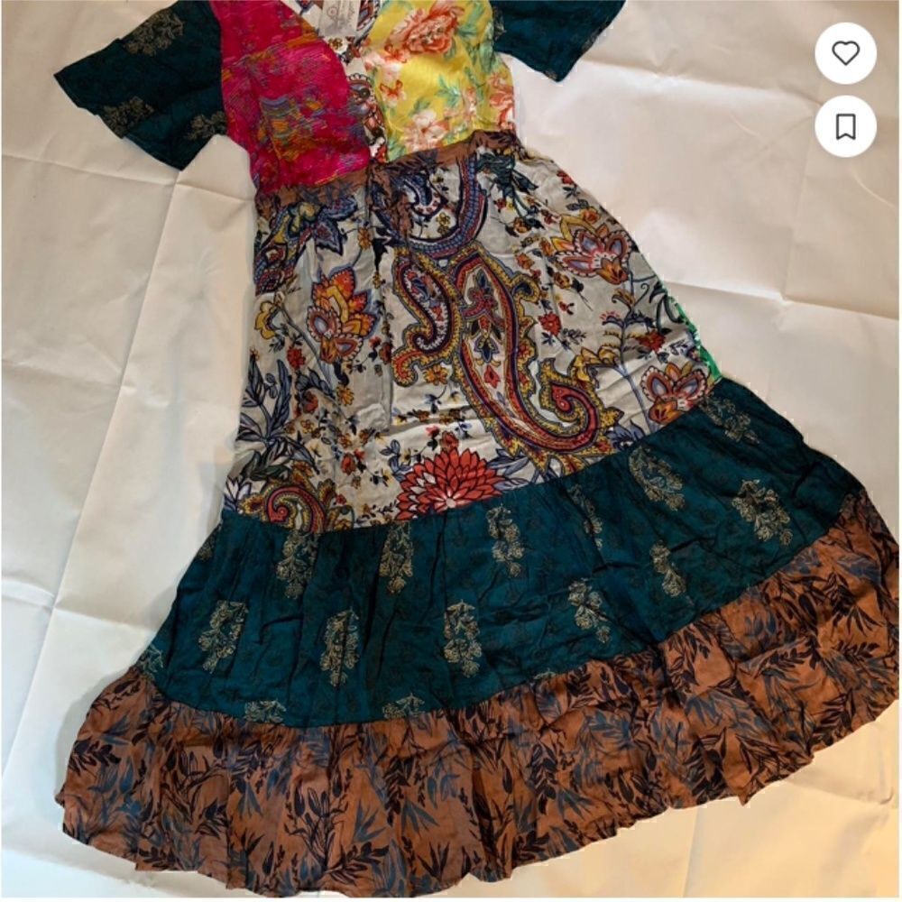 Y2K Boho Style Patchwork Ruffled Short Sleeve Dress Hippie Gypsy
